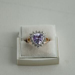 NOS Vtg Purple CZ Heart Halo Ring 14K GE Statement Ring Size 8 NEW (other)
